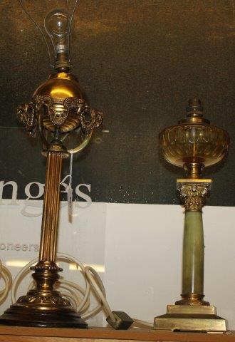 Brass lamp base & onyx & amber glass lamp(-)